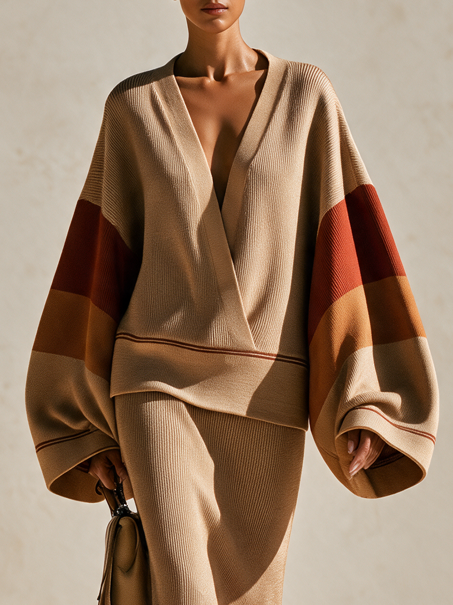 Women's Camel Color-Block Knit Sweater & Midi Skirt Set