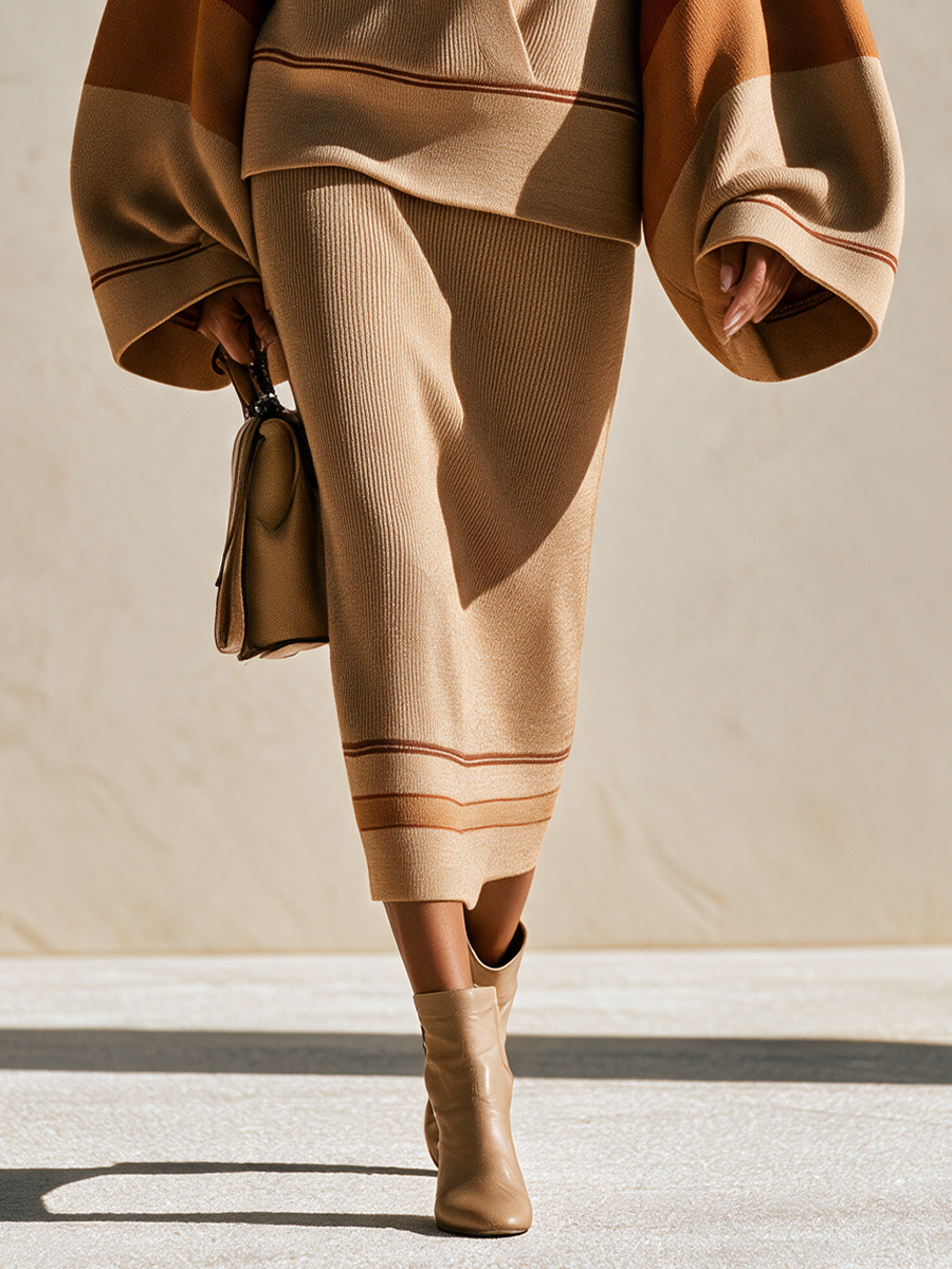 Women's Camel Color-Block Knit Sweater & Midi Skirt Set