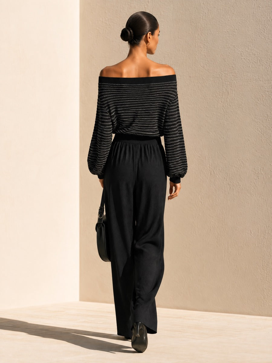Women's Black Striped Off-the-Shoulder Sweater And Wide-leg Trousers Set