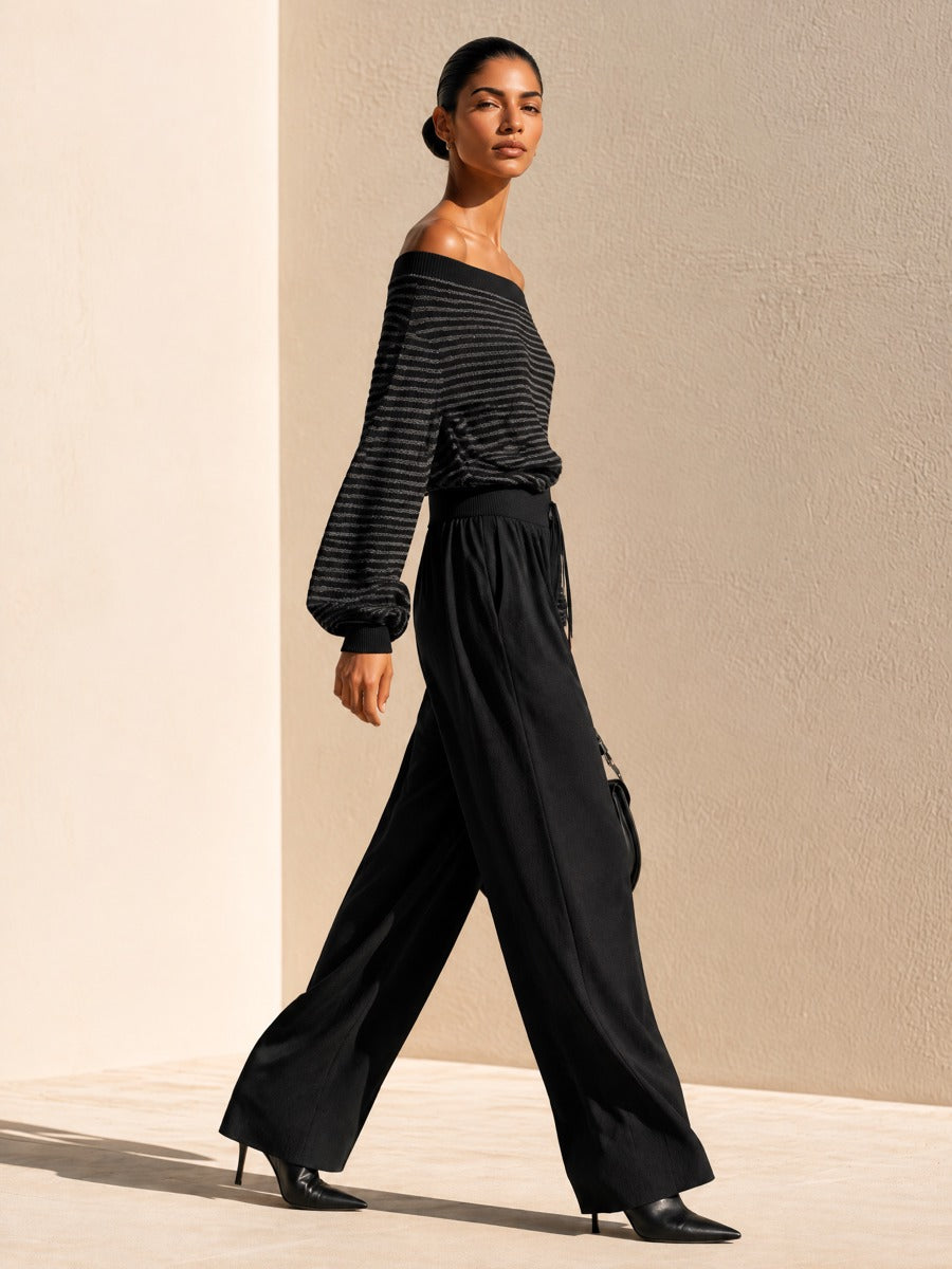 Women's Black Striped Off-the-Shoulder Sweater And Wide-leg Trousers Set
