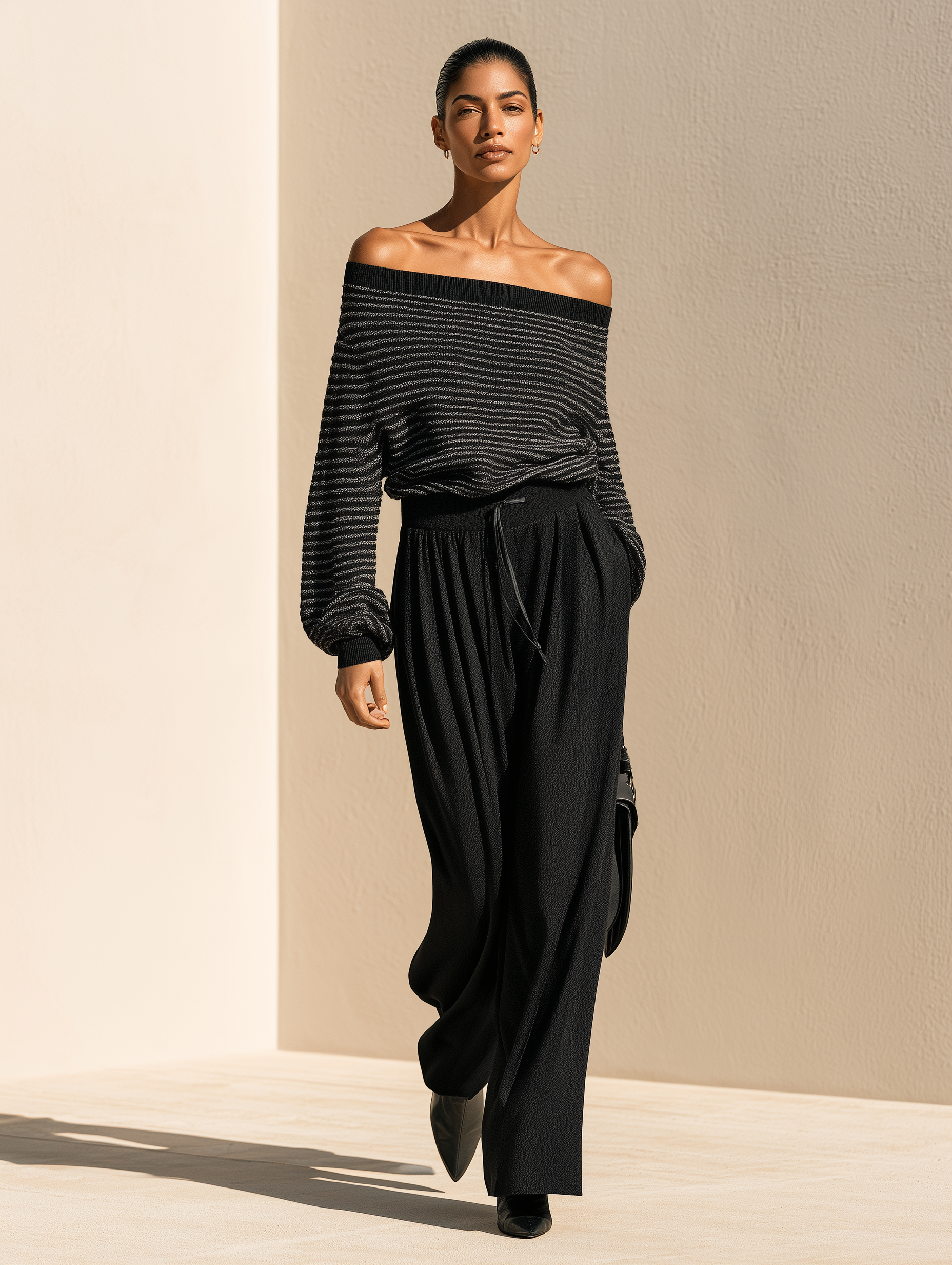 Women's Black Striped Off-the-Shoulder Sweater And Wide-leg Trousers Set