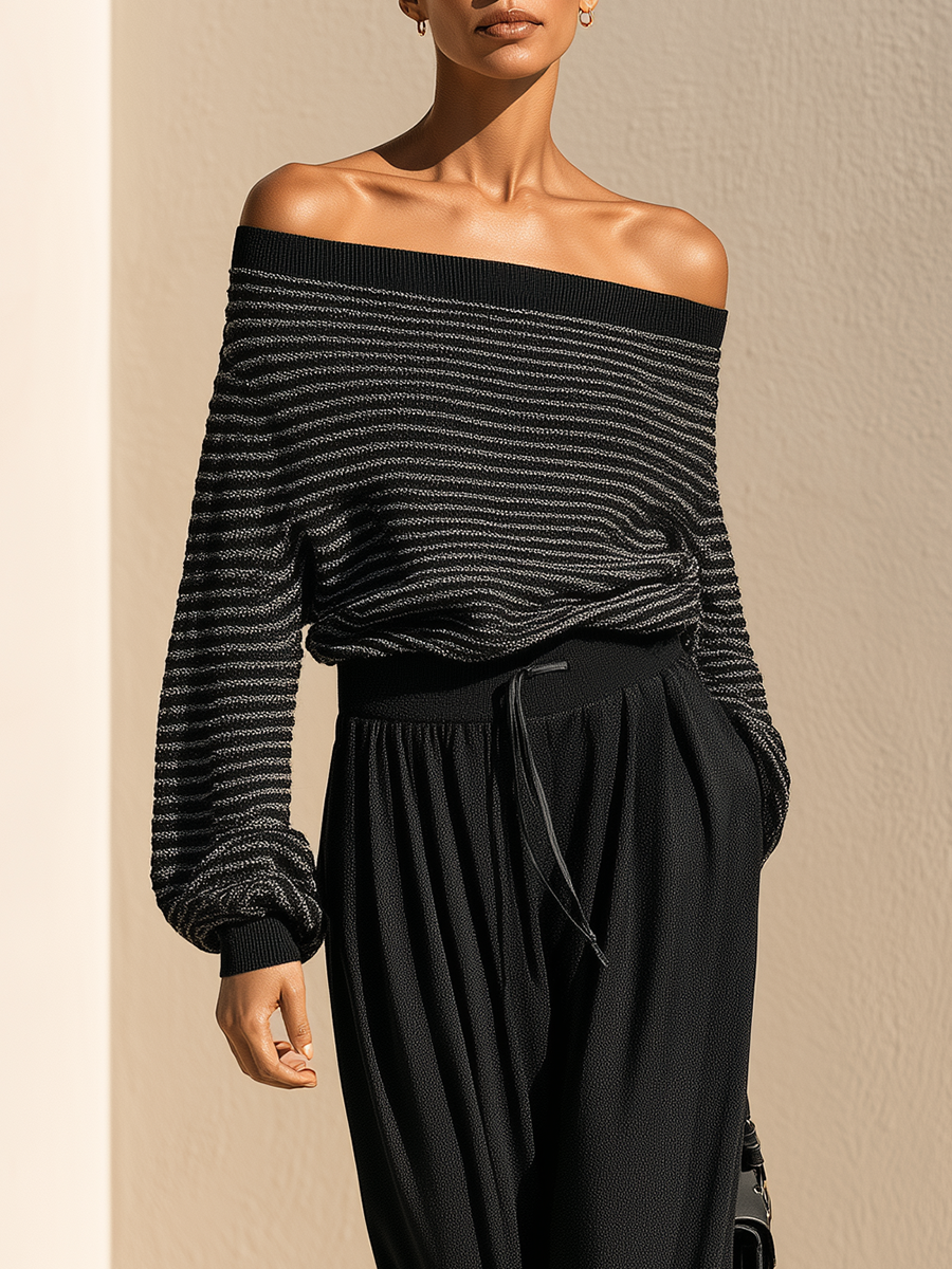 Women's Black Striped Off-the-Shoulder Sweater And Wide-leg Trousers Set
