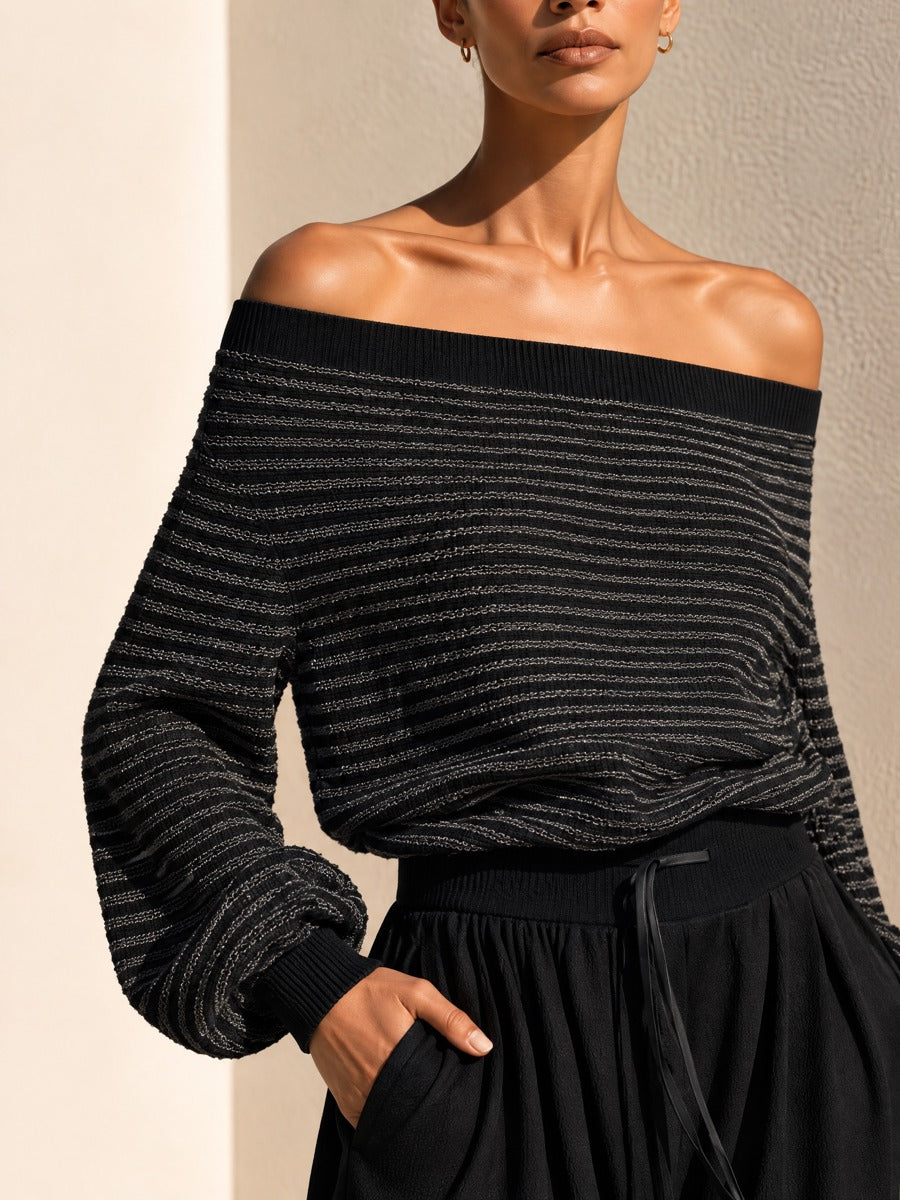 Women's Black Striped Off-the-Shoulder Sweater And Wide-leg Trousers Set