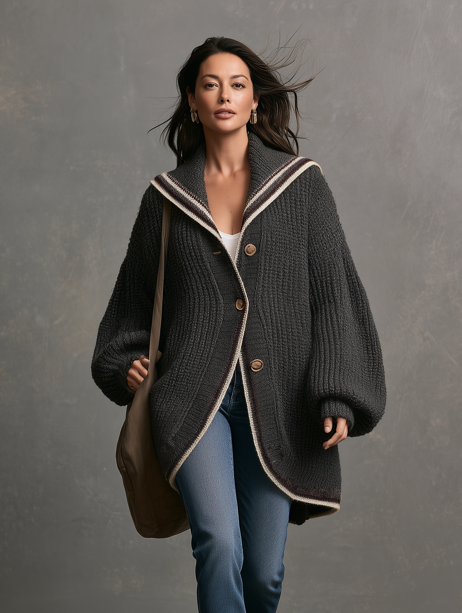 Women's Casual Grey Long-sleeved Knitted Cardigan Coat