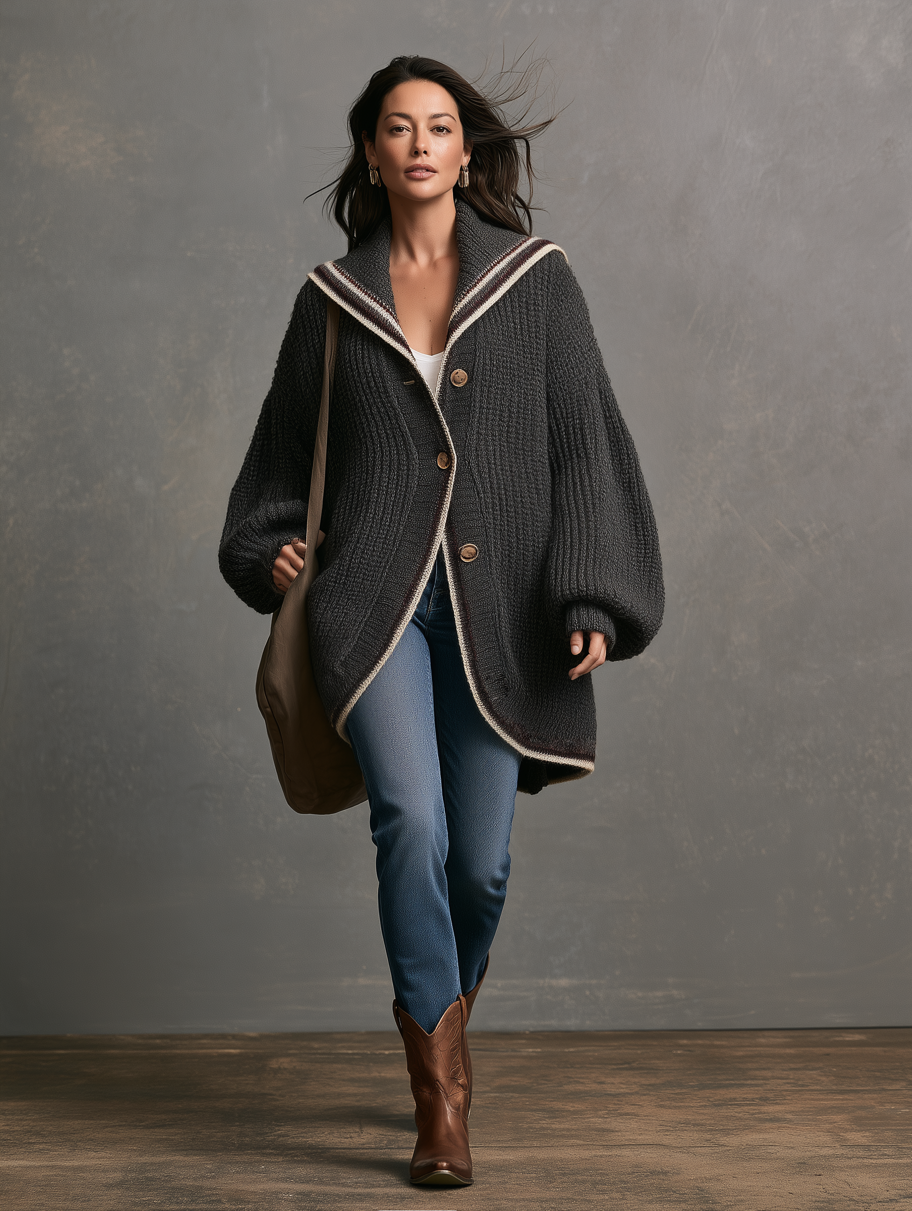 Women's Casual Grey Long-sleeved Knitted Cardigan Coat