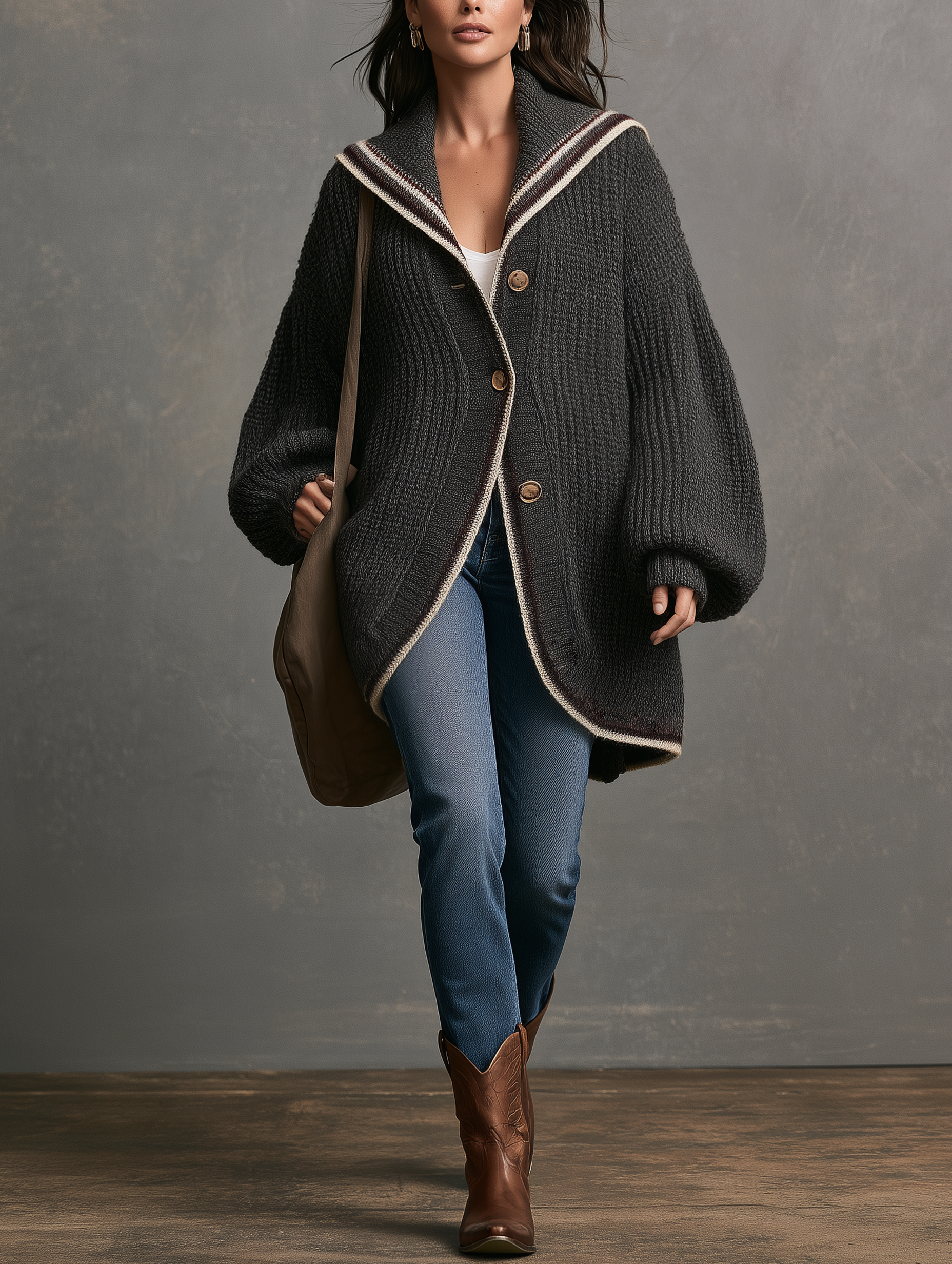 Women's Casual Grey Long-sleeved Knitted Cardigan Coat