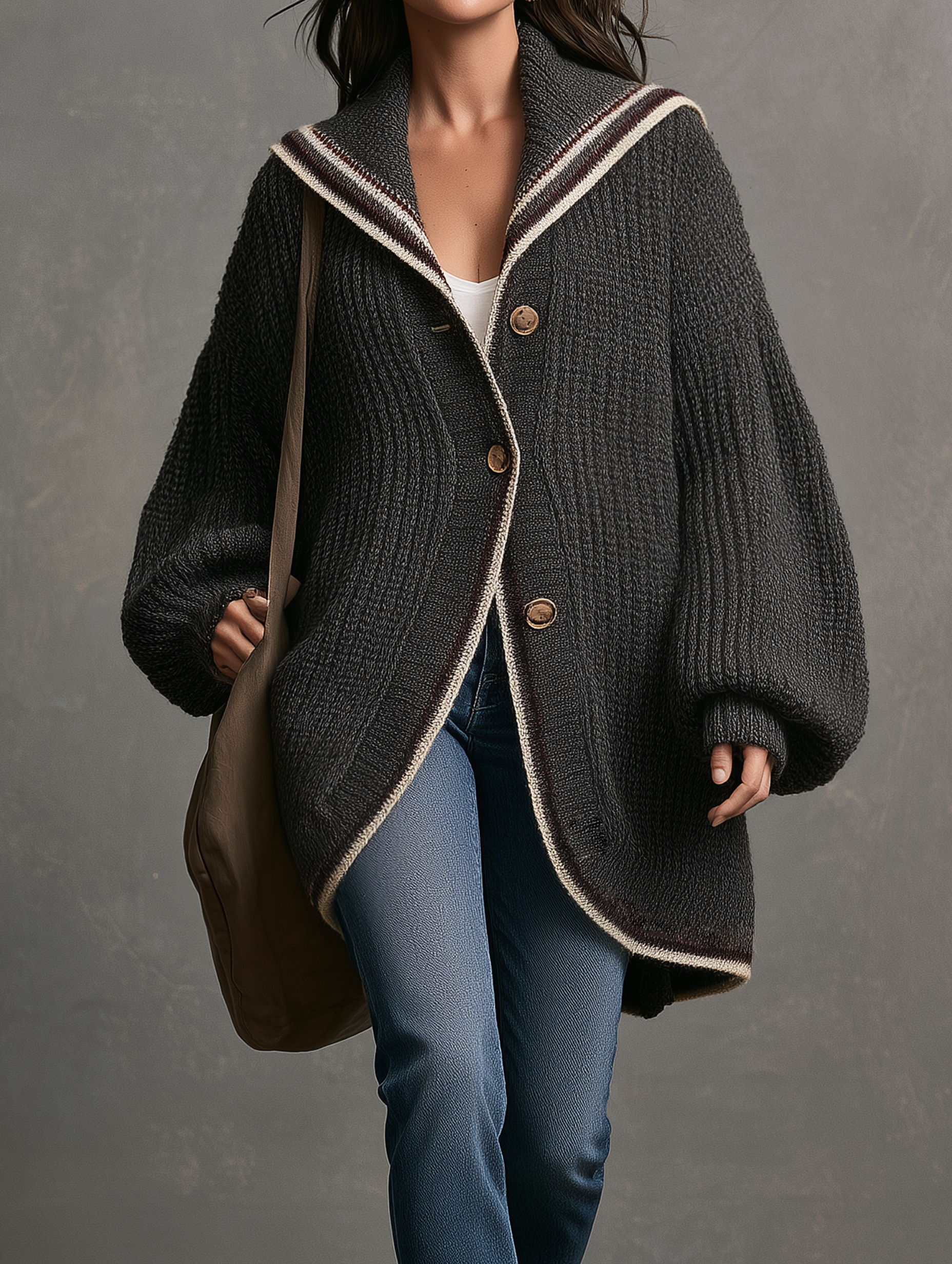 Women's Casual Grey Long-sleeved Knitted Cardigan Coat