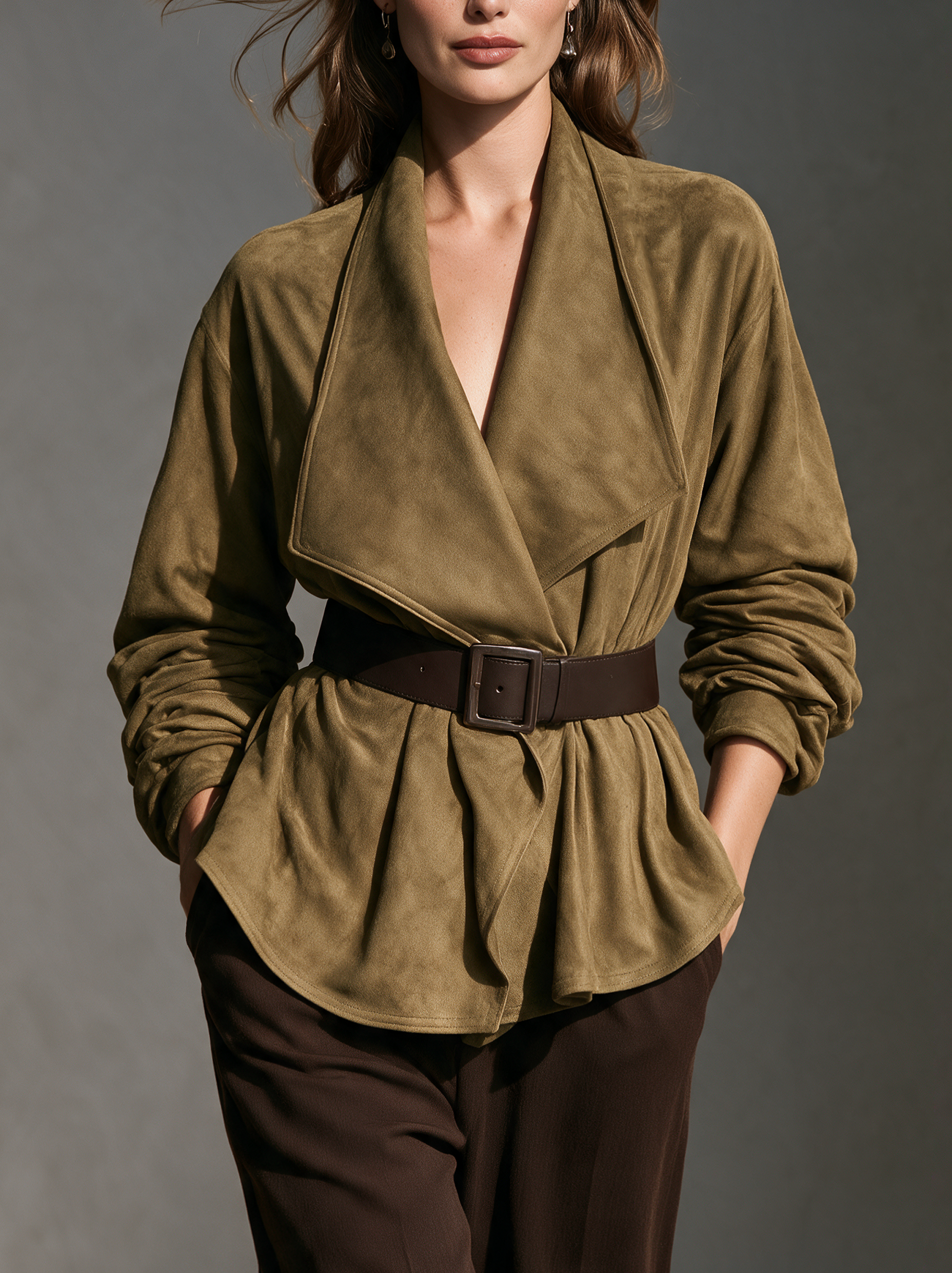 Women's Casual Olive Green Faux Suede Lapel Jacket (with Belt)