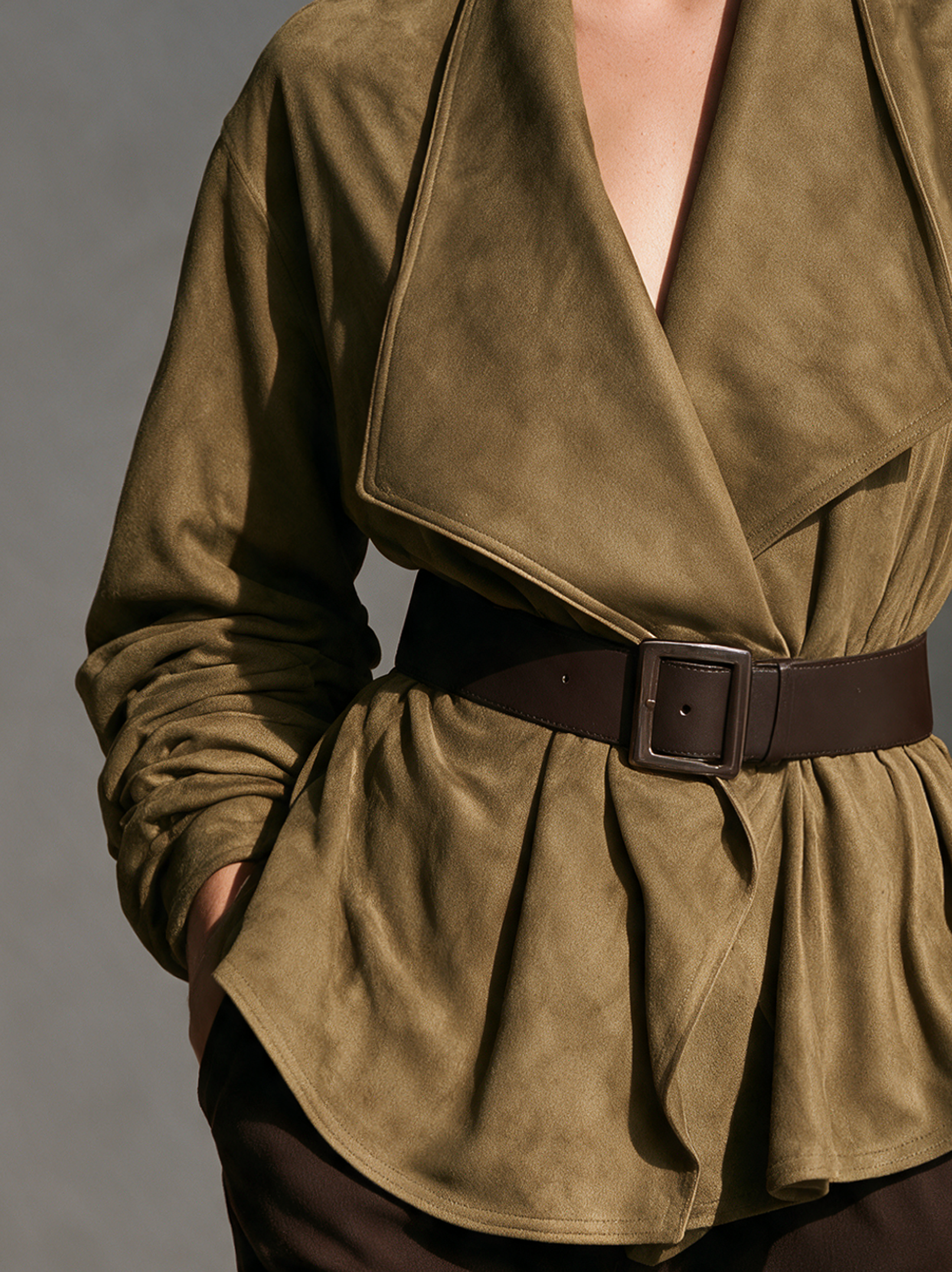 Women's Casual Olive Green Faux Suede Lapel Jacket (with Belt)
