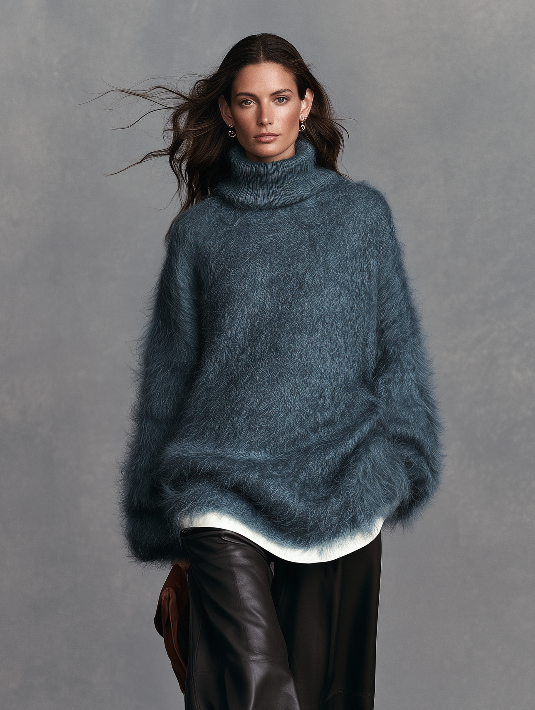Women's Casual Blue Long-Sleeve Turtleneck Sweater In Long-Pile Knit