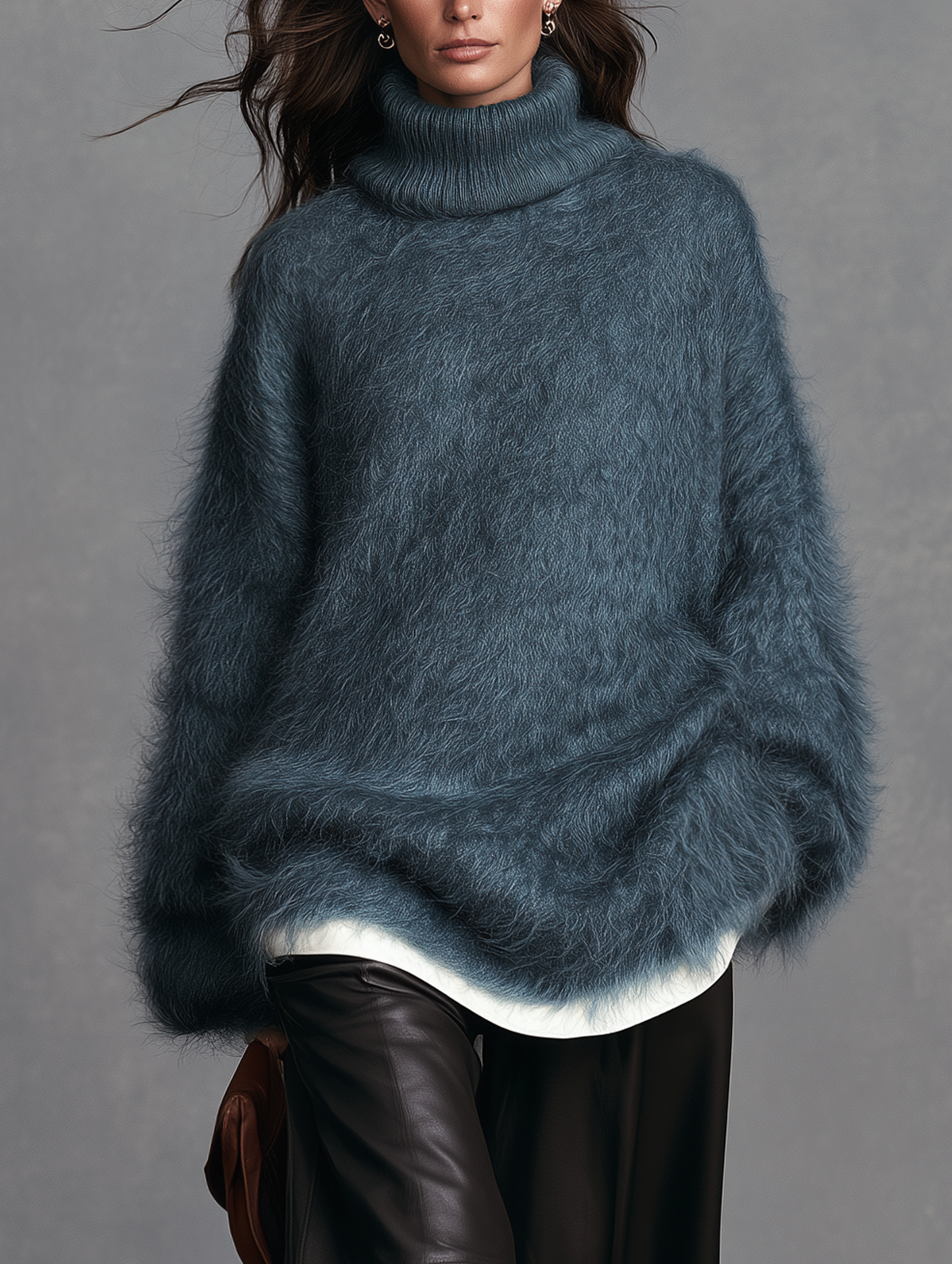 Women's Casual Blue Long-Sleeve Turtleneck Sweater In Long-Pile Knit
