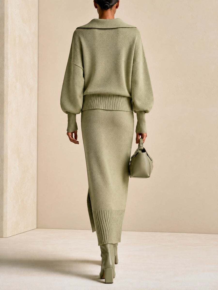 Women's Collared V-Neck Sweater and Slit Maxi Skirt Set