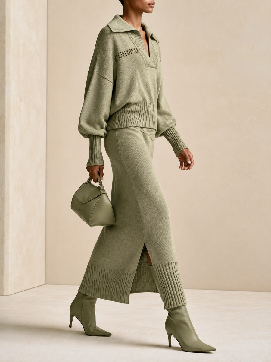 Women's Collared V-Neck Sweater and Slit Maxi Skirt Set