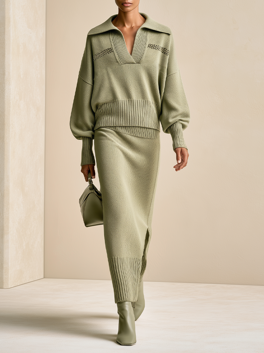 Women's Collared V-Neck Sweater and Slit Maxi Skirt Set