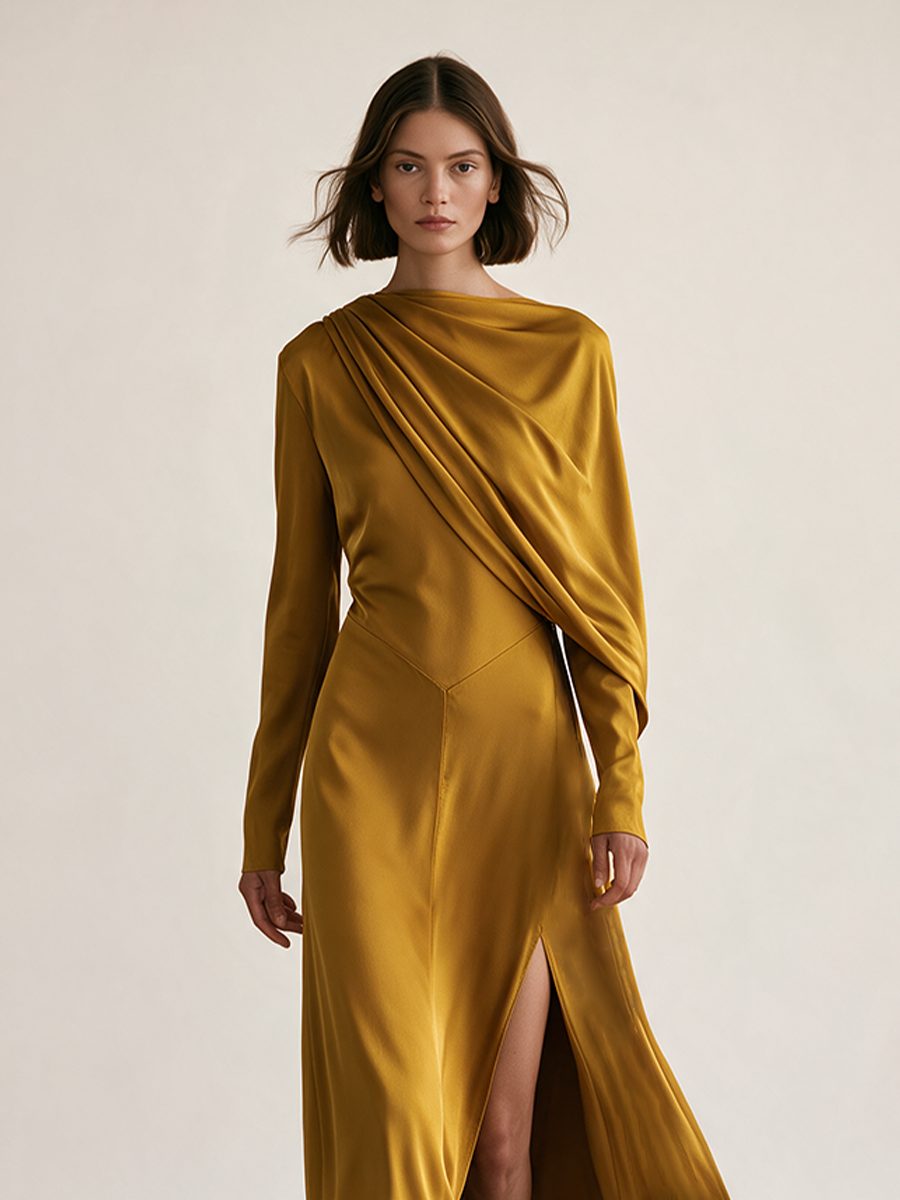 Women's Mustard Gold Satin-Look Long Sleeve Draped Maxi Dress With High Slit