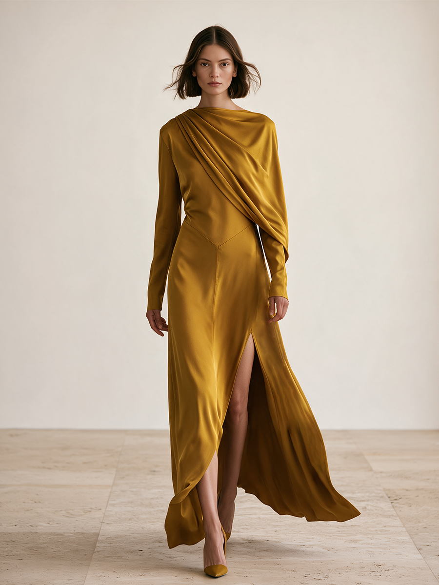 Women's Mustard Gold Satin-Look Long Sleeve Draped Maxi Dress With High Slit