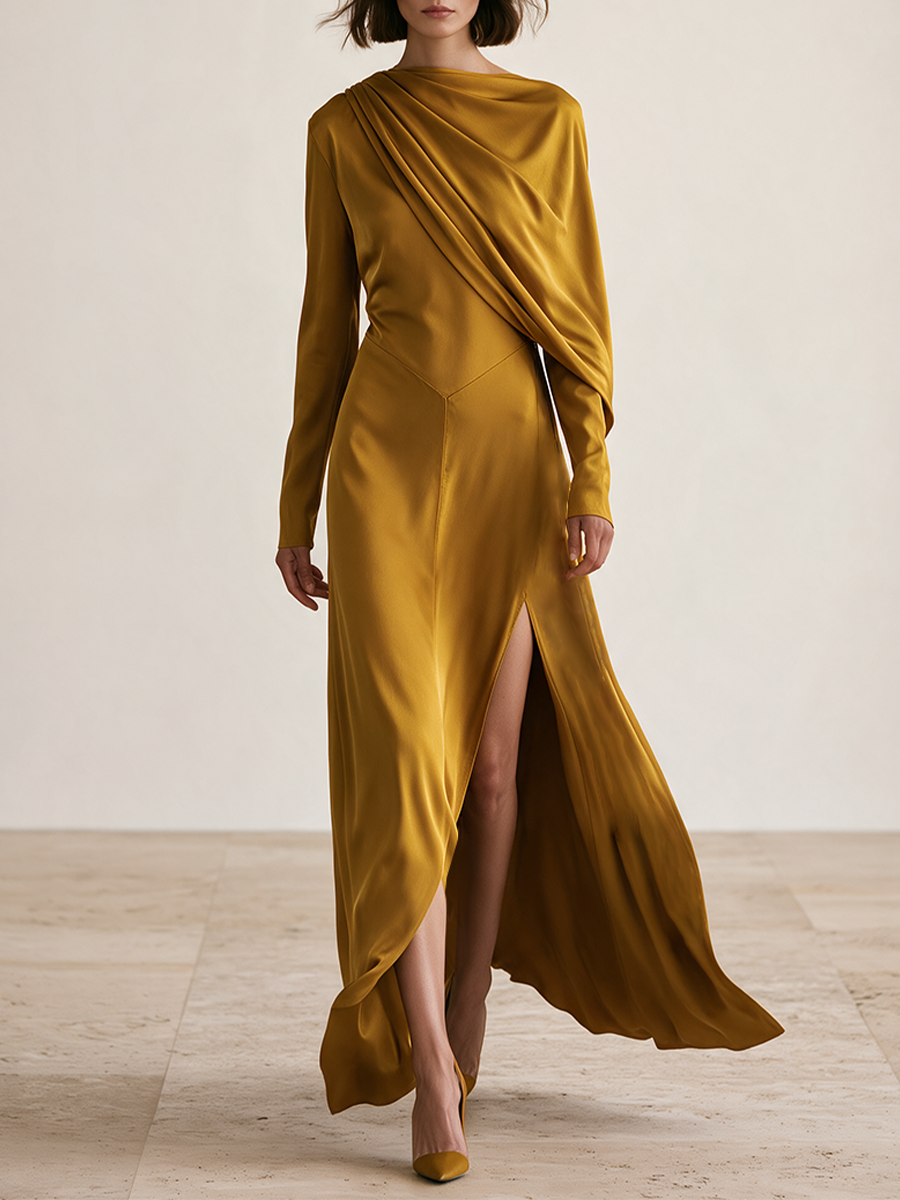 Women's Mustard Gold Satin-Look Long Sleeve Draped Maxi Dress With High Slit