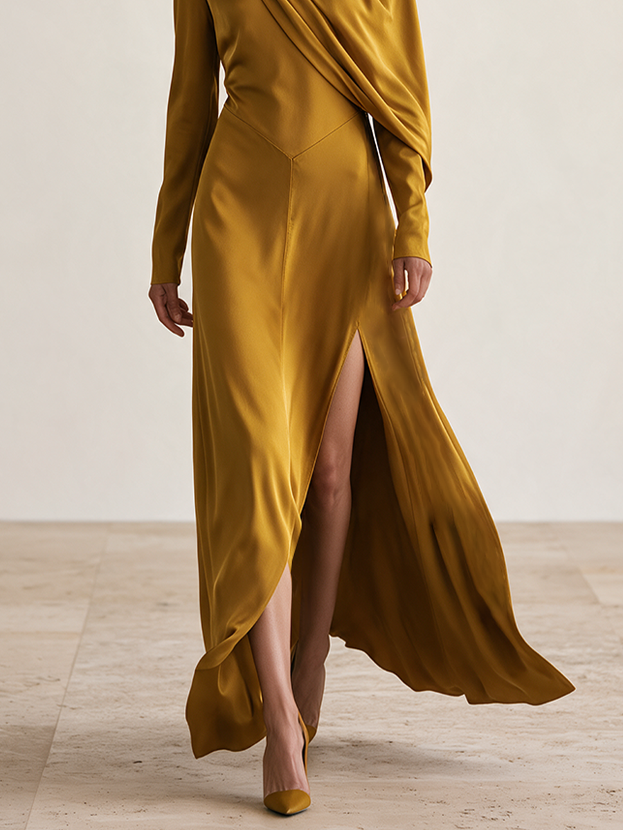 Women's Mustard Gold Satin-Look Long Sleeve Draped Maxi Dress With High Slit