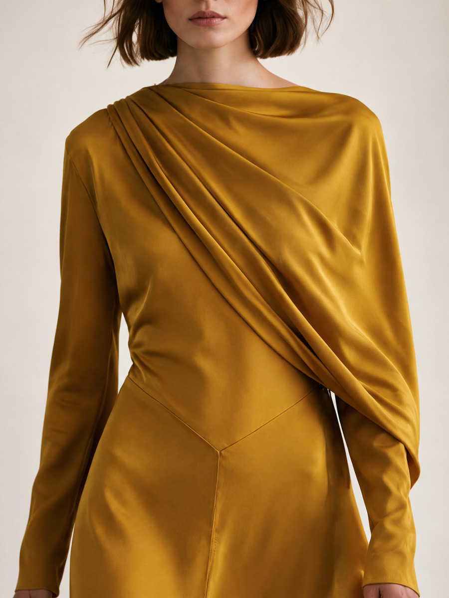 Women's Mustard Gold Satin-Look Long Sleeve Draped Maxi Dress With High Slit