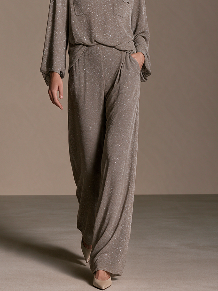Women's Taupe Shimmer Split-Neck Long Sleeve Top & Wide-Leg Pants Set