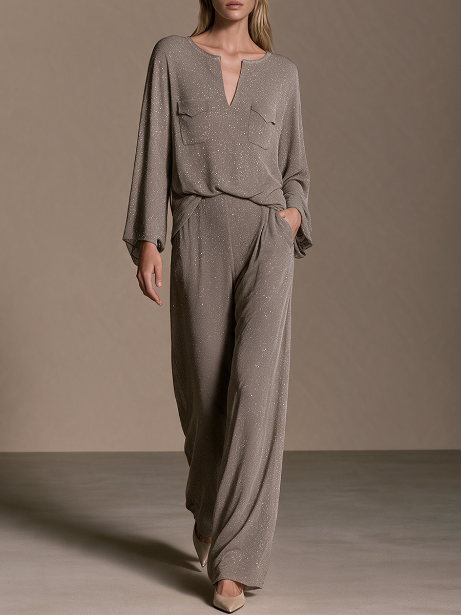 Women's Taupe Shimmer Split-Neck Long Sleeve Top & Wide-Leg Pants Set