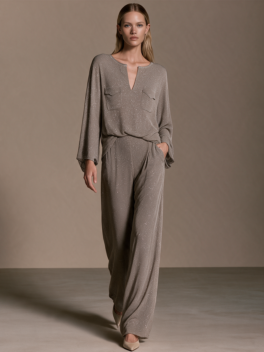 Women's Taupe Shimmer Split-Neck Long Sleeve Top & Wide-Leg Pants Set