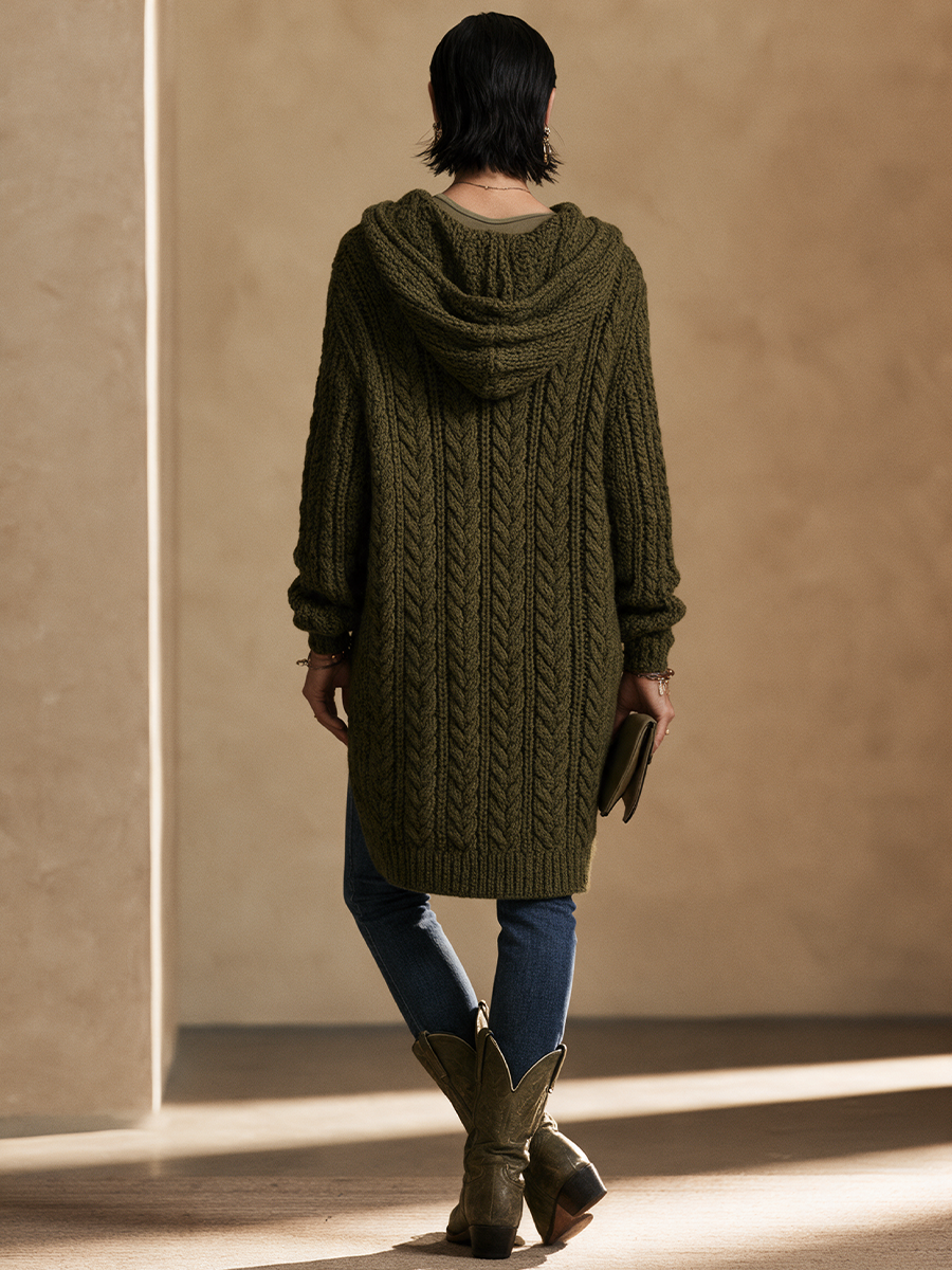 Women's Cable Knit Casual Hooded Long Sweater
