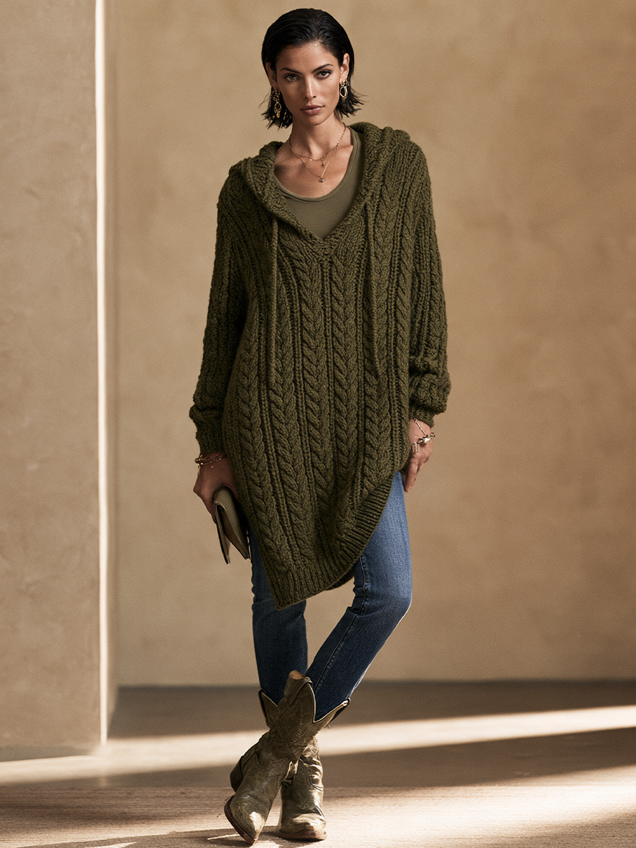 Women's Cable Knit Casual Hooded Long Sweater