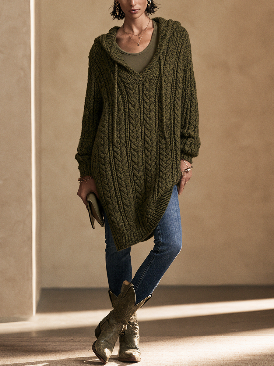 Women's Cable Knit Casual Hooded Long Sweater