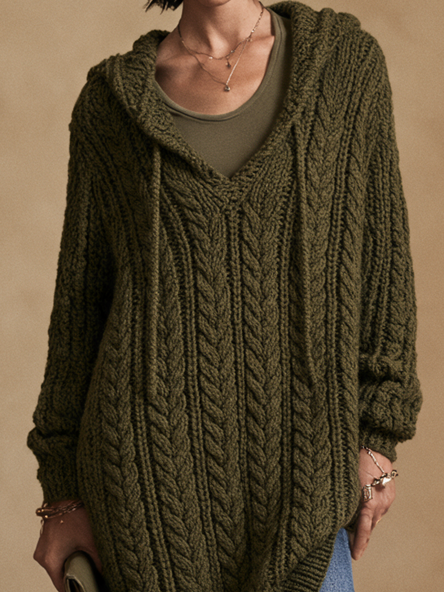 Women's Cable Knit Casual Hooded Long Sweater