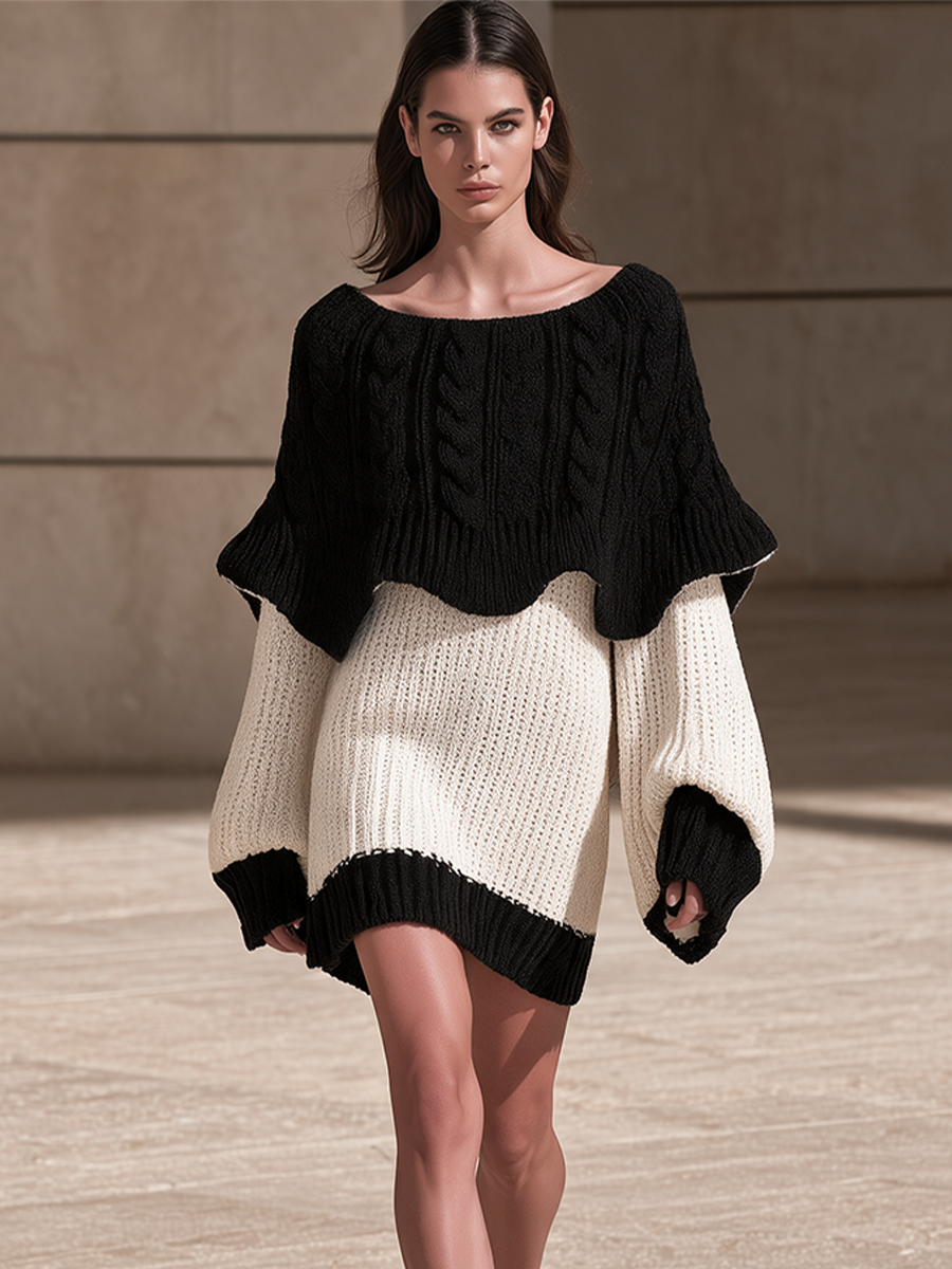 Black & Cream Cable-Knit Cape-Style Sweater Mini Dress