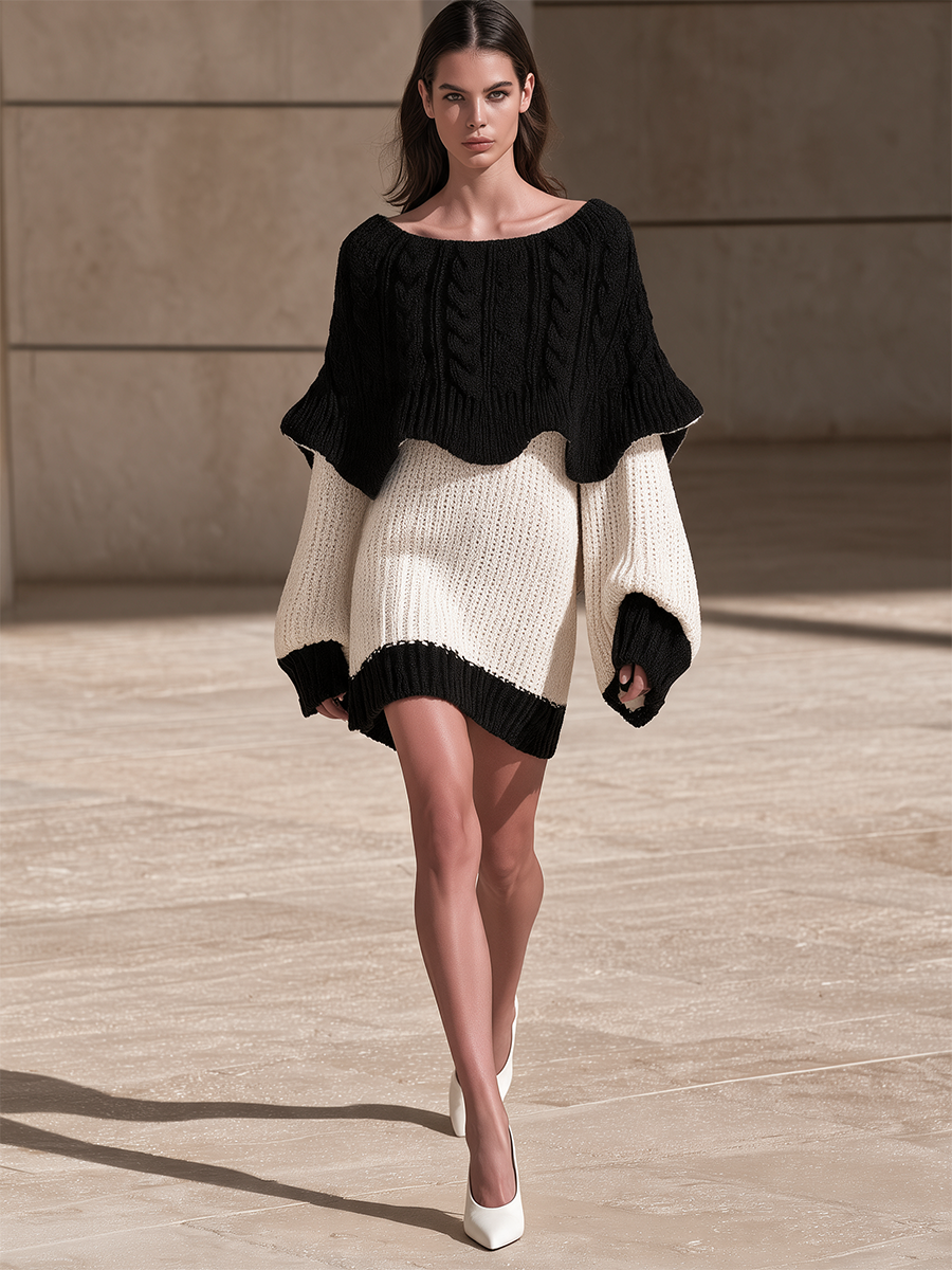 Black & Cream Cable-Knit Cape-Style Sweater Mini Dress