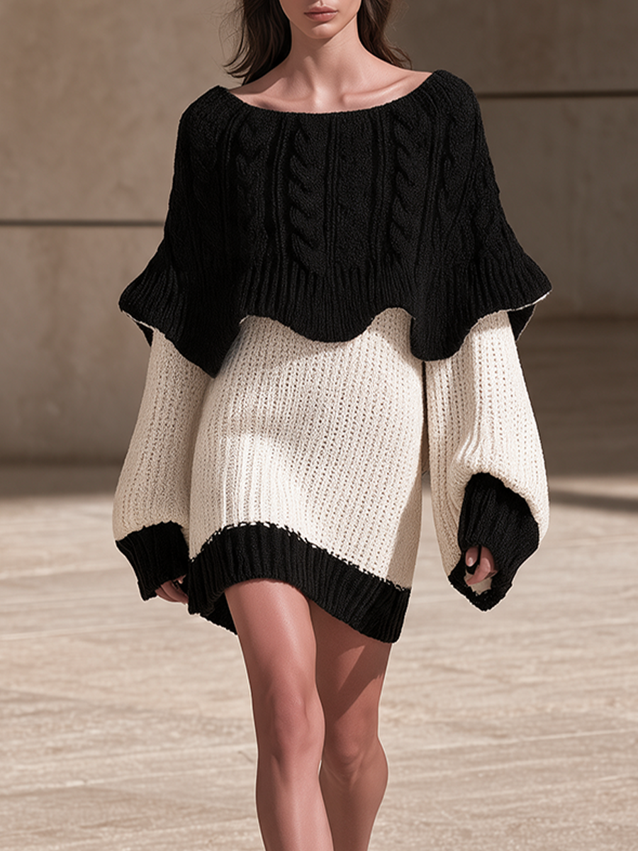 Black & Cream Cable-Knit Cape-Style Sweater Mini Dress