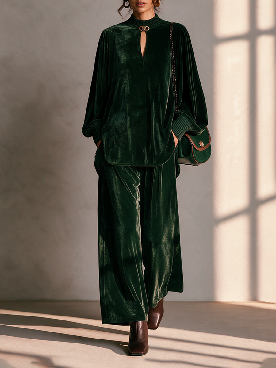 Women's Round Neck Drop-Shoulder Blouson-Sleeve Top & Wide-Leg Trouser Velvet Set