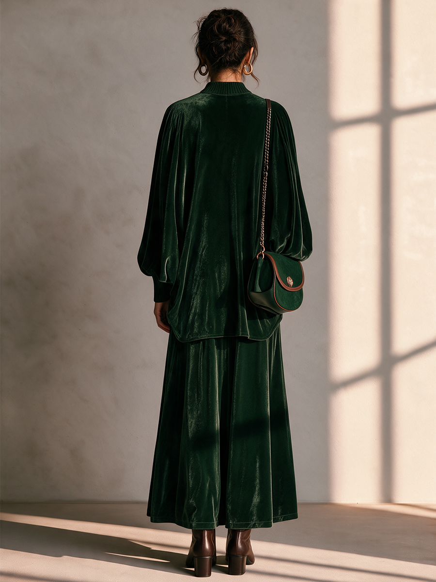 Women's Round Neck Drop-Shoulder Blouson-Sleeve Top & Wide-Leg Trouser Velvet Set