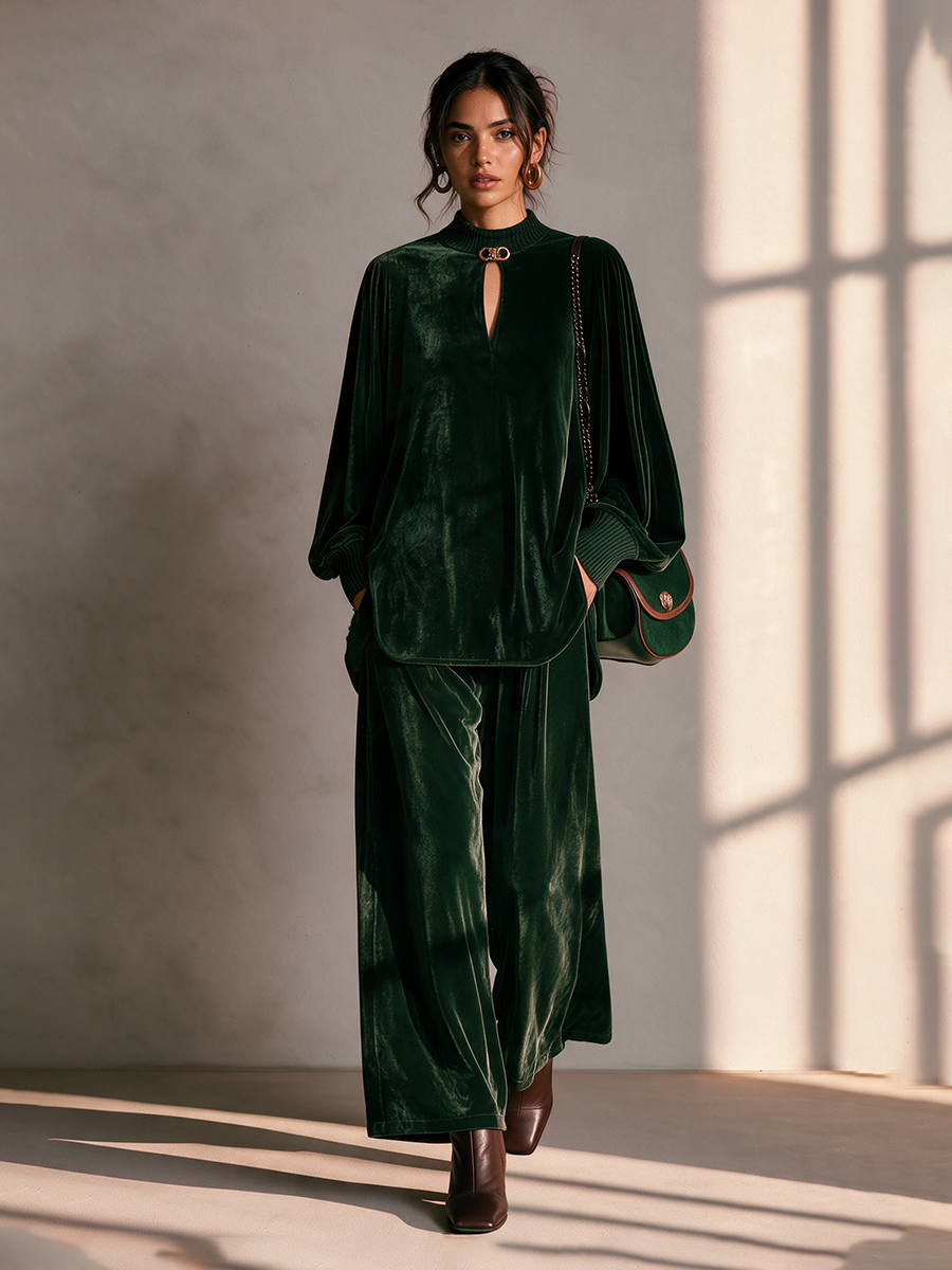 Women's Round Neck Drop-Shoulder Blouson-Sleeve Top & Wide-Leg Trouser Velvet Set