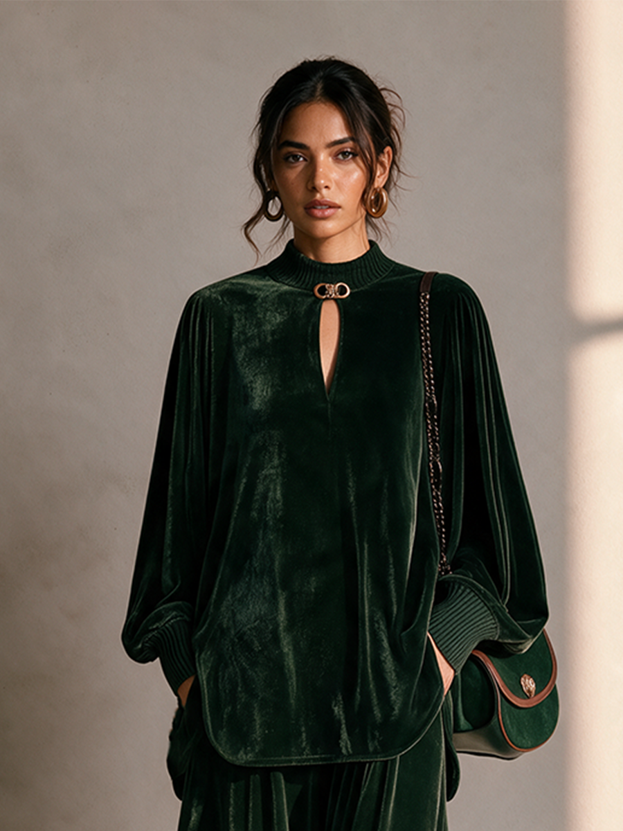 Women's Round Neck Drop-Shoulder Blouson-Sleeve Top & Wide-Leg Trouser Velvet Set