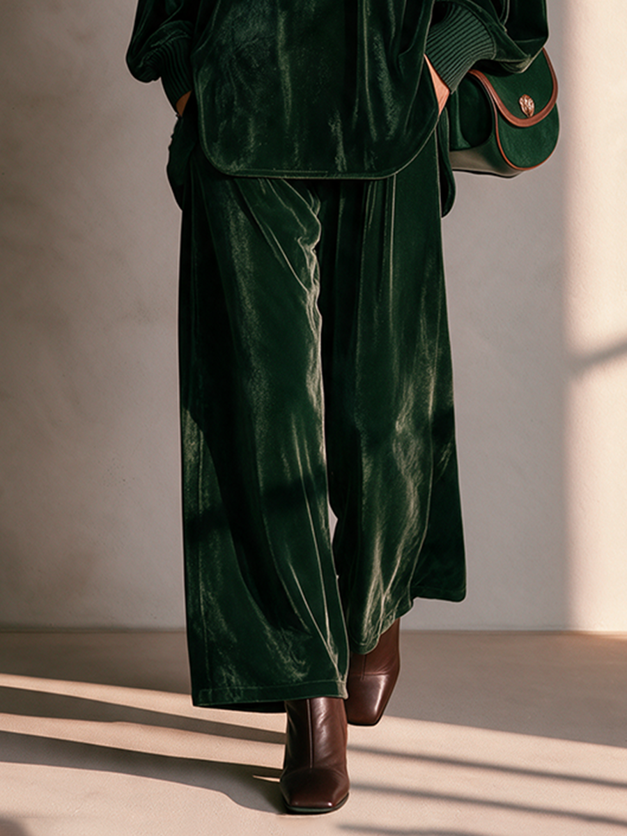 Women's Round Neck Drop-Shoulder Blouson-Sleeve Top & Wide-Leg Trouser Velvet Set