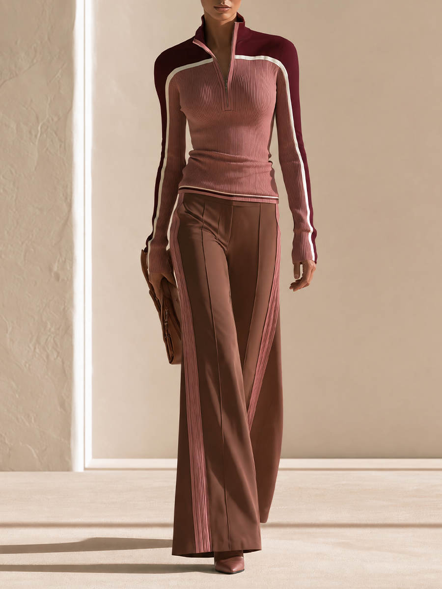 Women's Colorblock Half-Zip Ribbed Top & Wide-Leg Pants Two-Piece Set