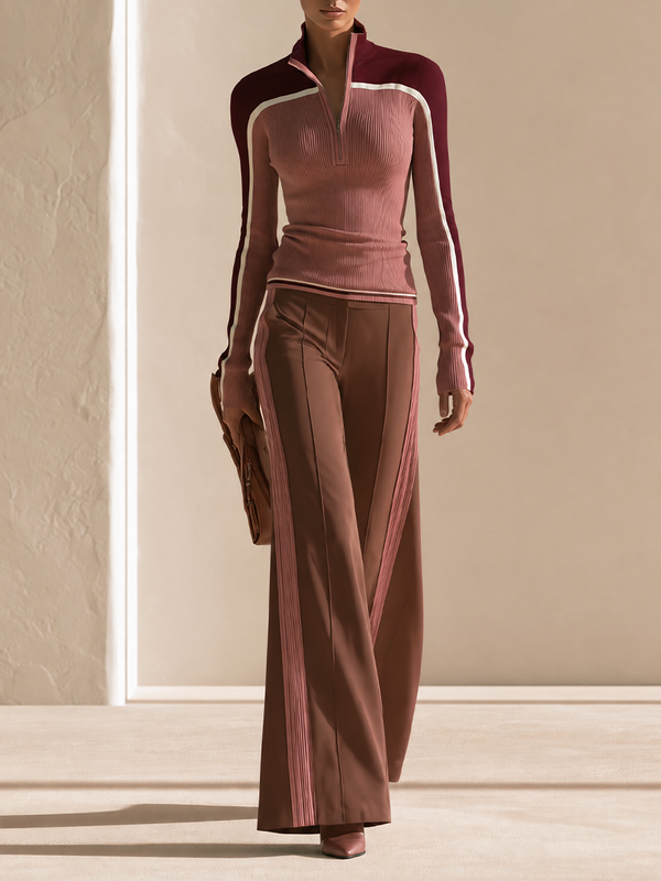 Women's Colorblock Half-Zip Ribbed Top & Wide-Leg Pants Two-Piece Set