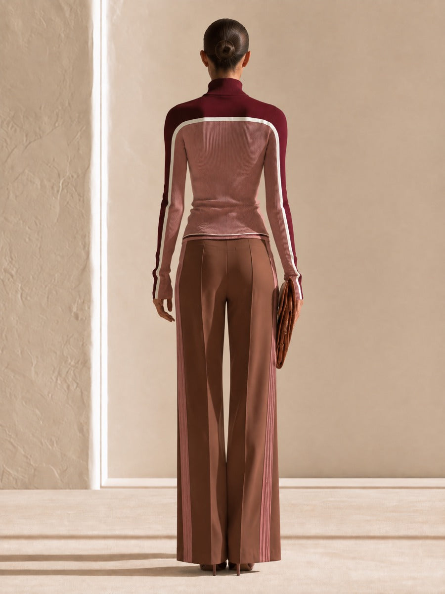 Women's Colorblock Half-Zip Ribbed Top & Wide-Leg Pants Two-Piece Set