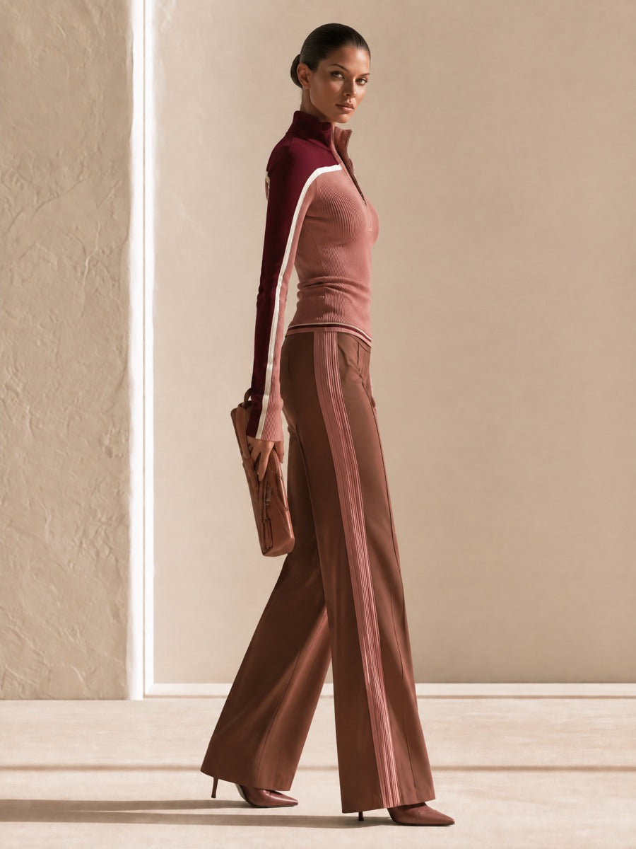 Women's Colorblock Half-Zip Ribbed Top & Wide-Leg Pants Two-Piece Set