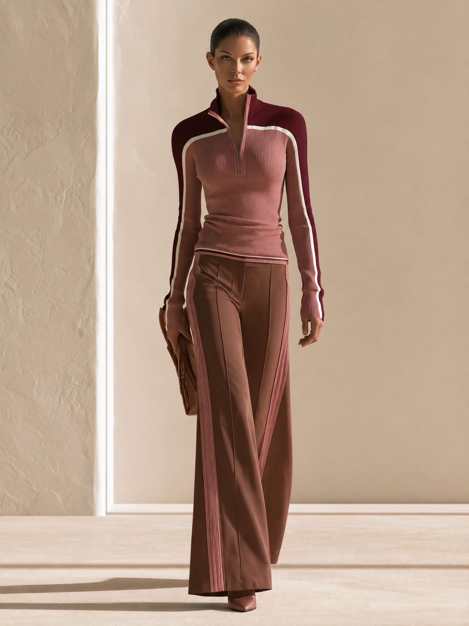 Women's Colorblock Half-Zip Ribbed Top & Wide-Leg Pants Two-Piece Set