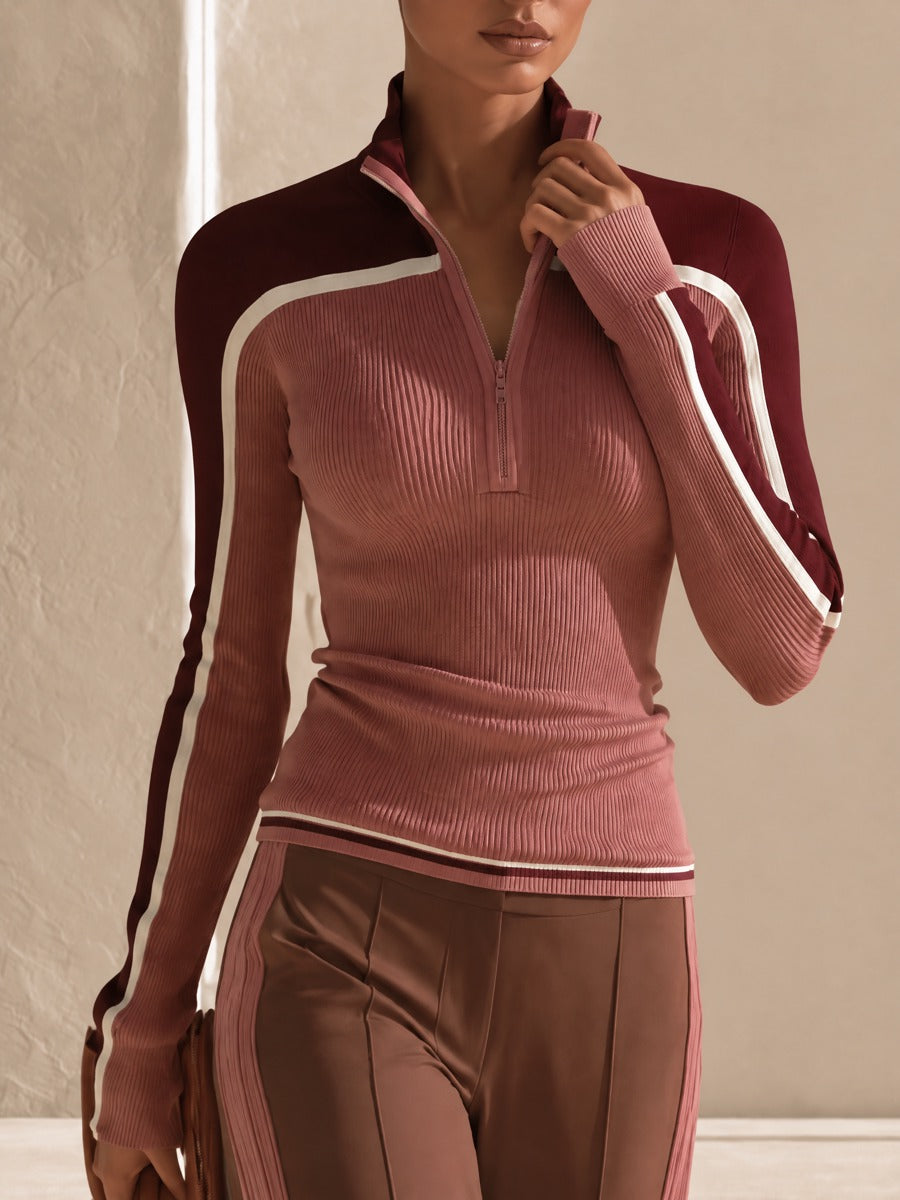 Women's Colorblock Half-Zip Ribbed Top & Wide-Leg Pants Two-Piece Set