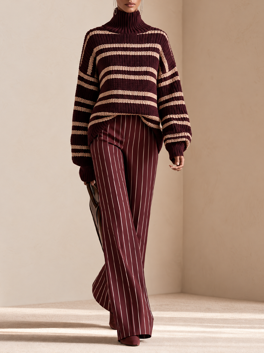 Women's Burgundy Striped Chunky Knit Turtleneck Sweater And Wide-leg Trousers Set