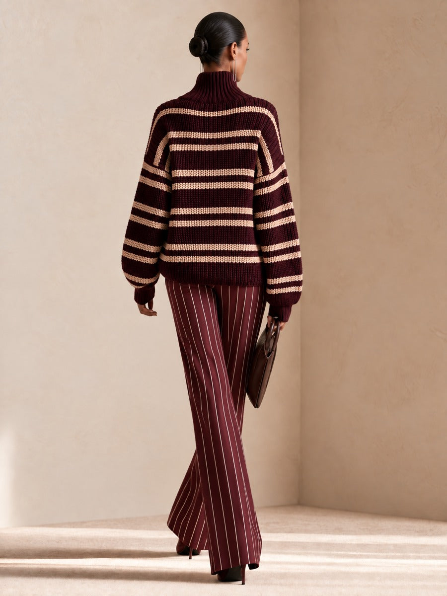 Women's Burgundy Striped Chunky Knit Turtleneck Sweater And Wide-leg Trousers Set