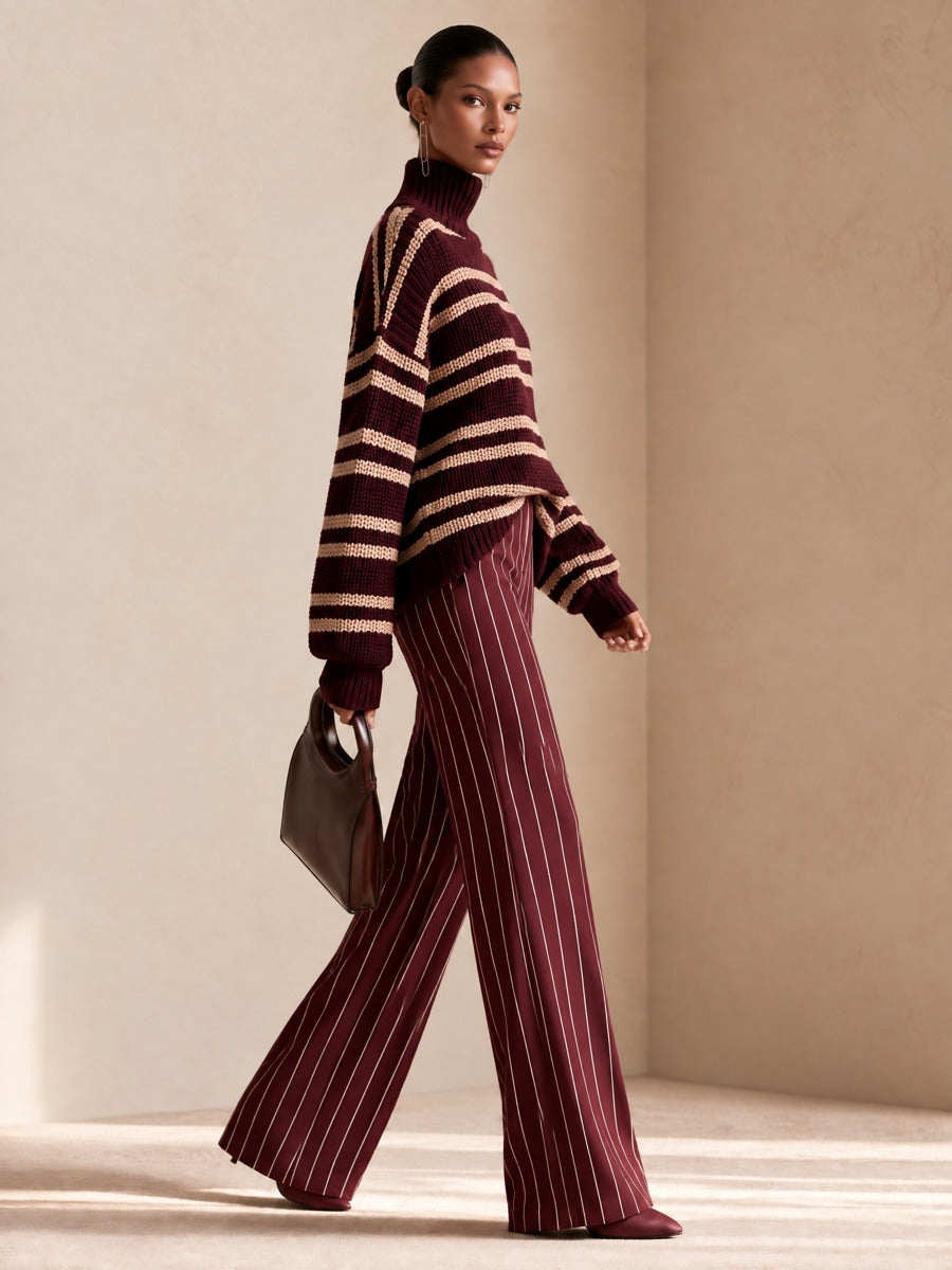 Women's Burgundy Striped Chunky Knit Turtleneck Sweater And Wide-leg Trousers Set