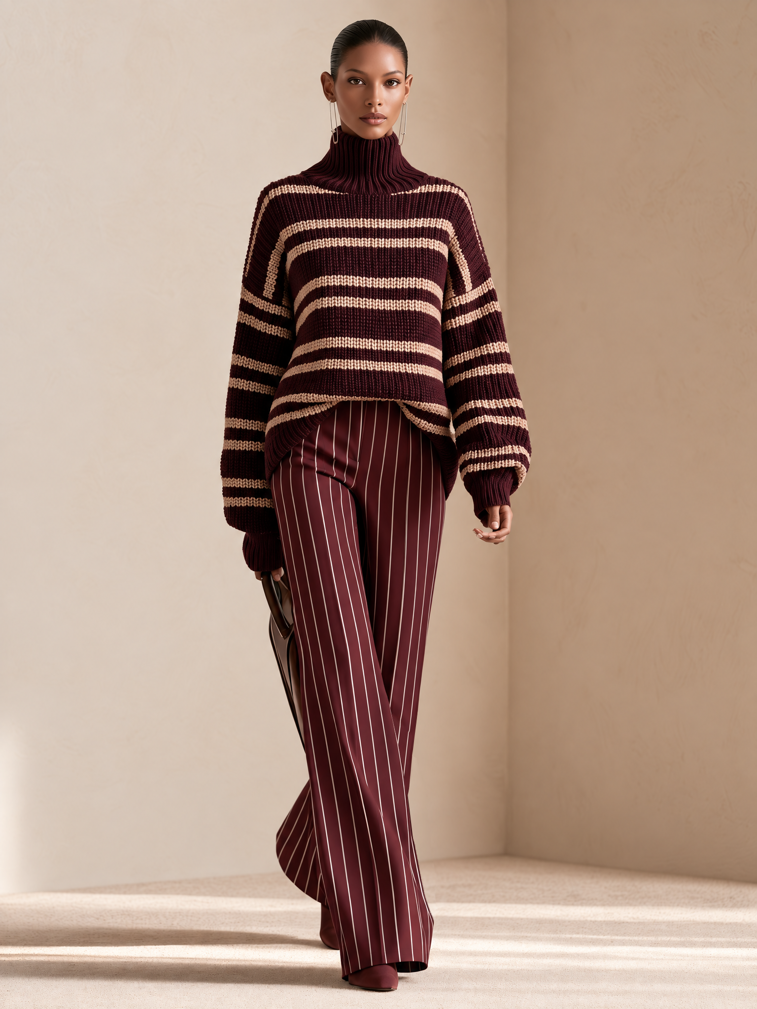 Women's Burgundy Striped Chunky Knit Turtleneck Sweater And Wide-leg Trousers Set