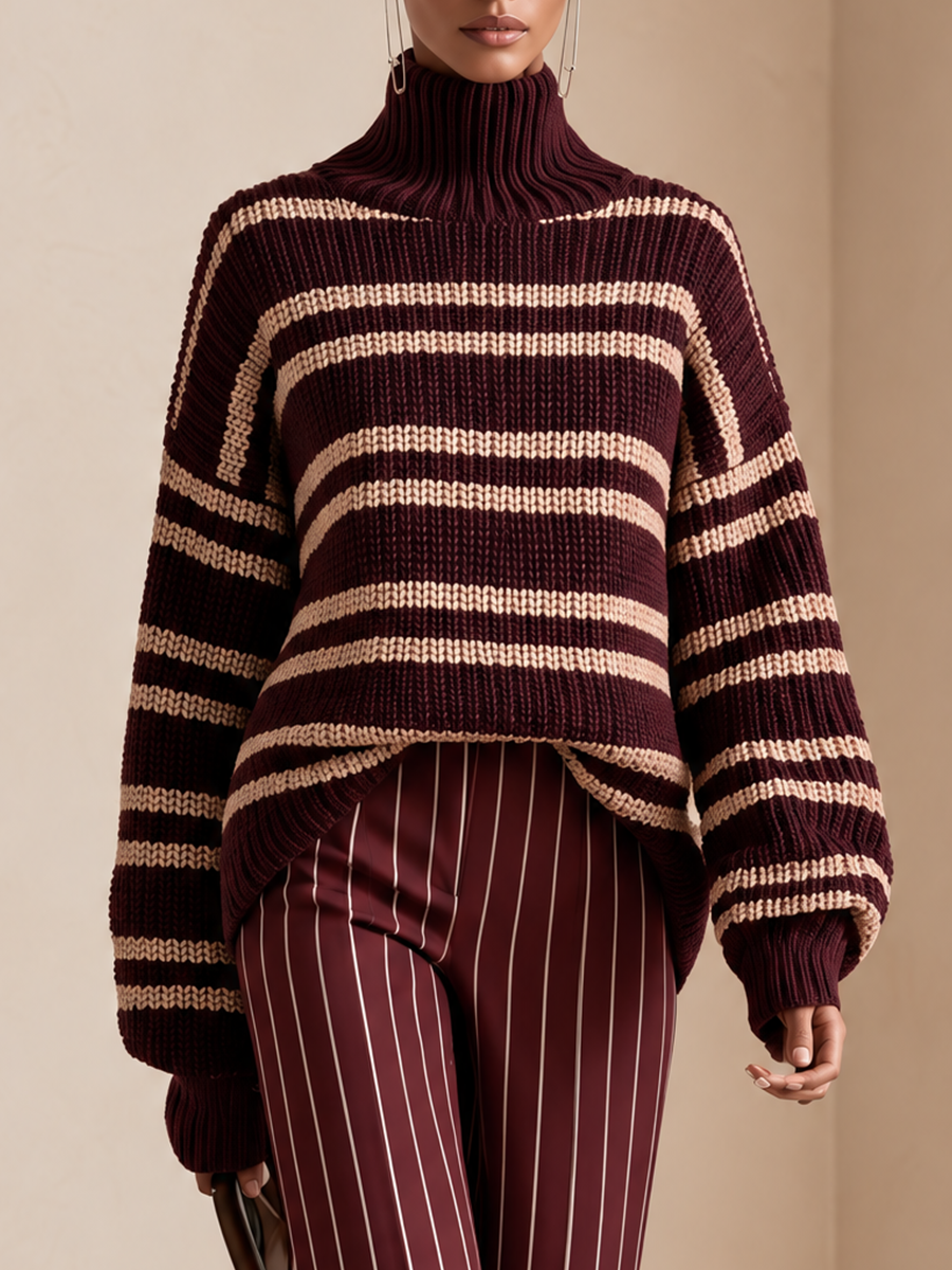 Women's Burgundy Striped Chunky Knit Turtleneck Sweater And Wide-leg Trousers Set