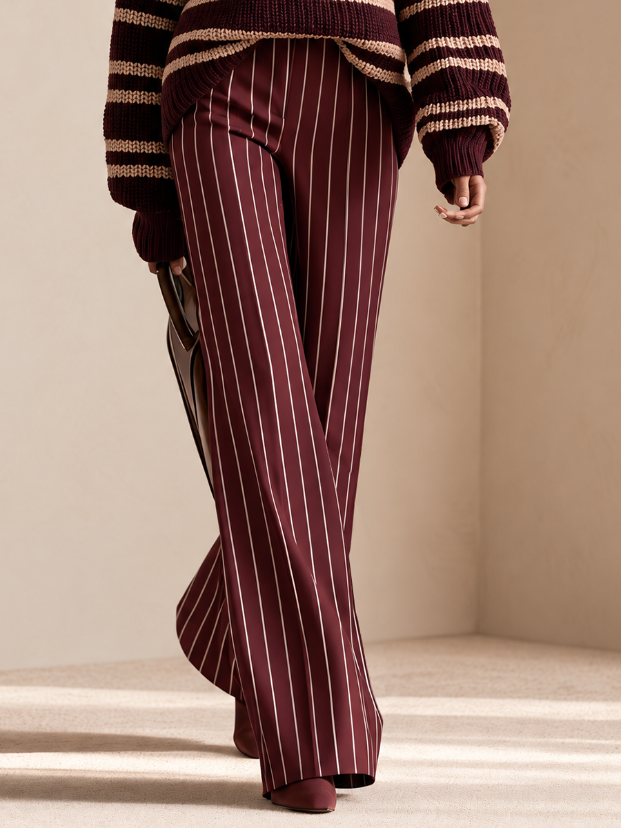 Women's Burgundy Striped Chunky Knit Turtleneck Sweater And Wide-leg Trousers Set